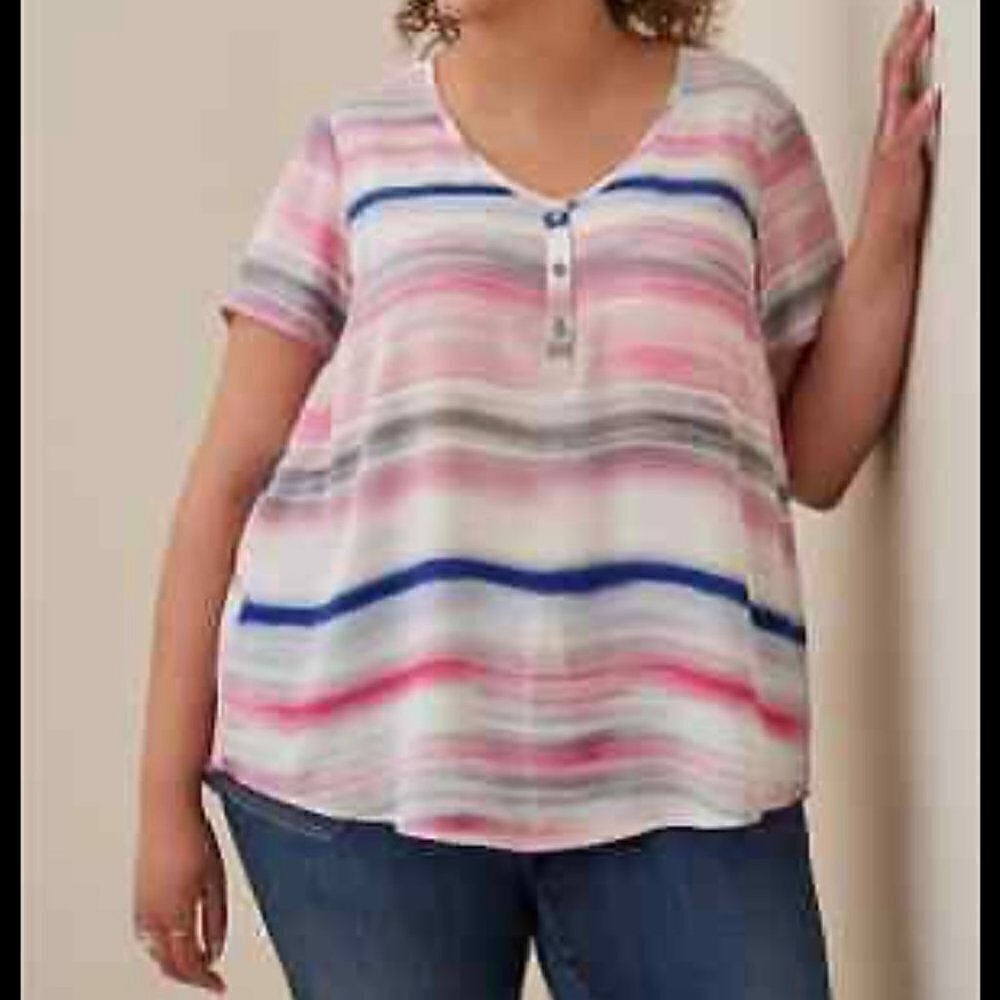 Torrid Plus Stripe Pink/Blue Georgette Hi-Low Button Detail Blouse